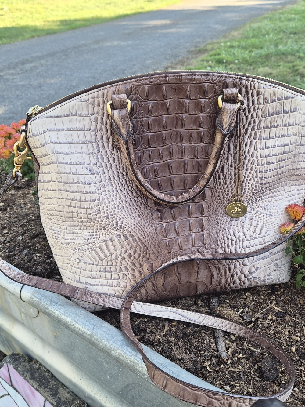 Brahmin Leather Croc-Embossed Leather Satchel Bag - Taupe Ombre